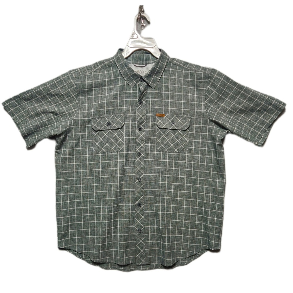 Orvis Mens XL Green Windowpane Plaid Short Sleeve Tech Button Down Shirt